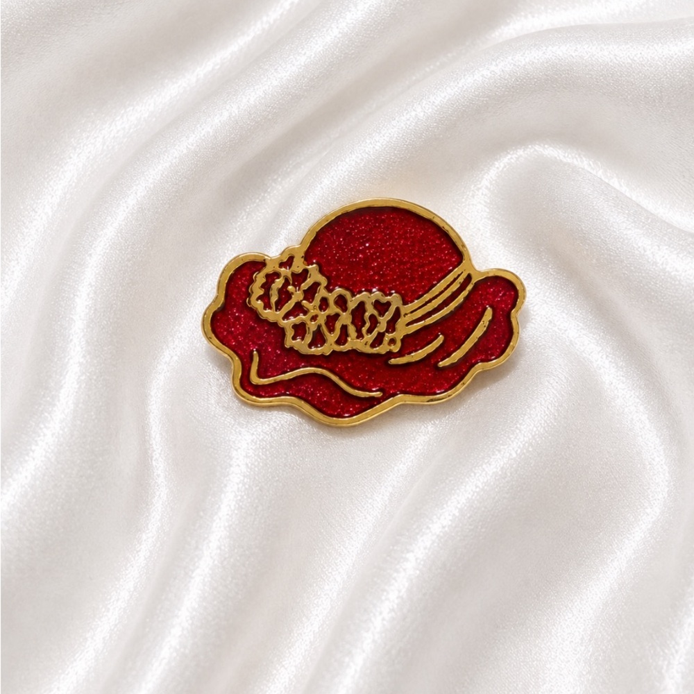 Gold-Trim Red Enamel Hat Brooch